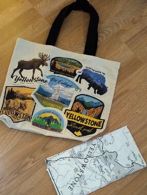 Yellowstone National Park Patch Tote Bag - Cream & Black And Dish Towel
